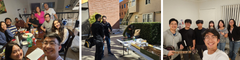 LEFT: Team Meeting. CENTER: Christian Botello, associate pastor of Eagle Rock church, prays with a student at USC during the “cup and a blessing” meet and greet. RIGHT: Seo (front) and Eun Soo Kim (left), associate pastor of Los Angeles Central Korean church, worship with the Pasadena small group.