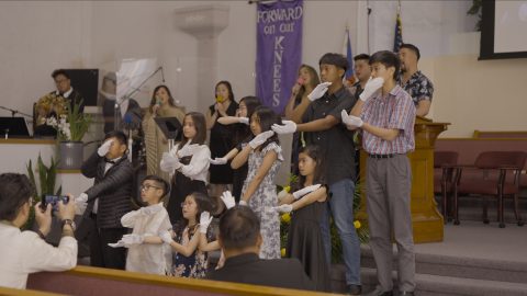 The Pathfinders share a special music in sign language to “Shout to the Lord,” accompanied by the praise team.