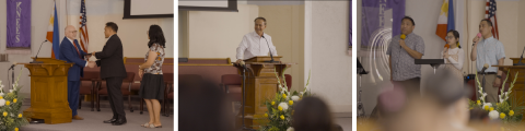 LEFT: SCC President John H. Cress provides a framed copy of the congratulatory letter to GFC from SCC leadership. CENTER: Demetrio Robles, who served as the lead pastor at GFC from 2010-2017 and later returned in an interim capacity, shares memories of his time at GFC and blessings for the congregation’s next chapter. RIGHT: A trio from sister congregation Gardena Filipino group offers special music.