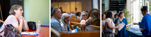 LEFT: An attendee listens intently to a session entitled Beyond the Program: Reimagining Small Groups for Discipleship. MIDDLE: In addition to providing training, EQUIP25 was a time for connection. RIGHT: Attendees received program books that included presenters, breakout session topics, and a map directing them to each classroom.