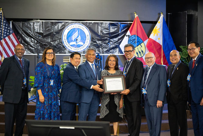 (Left to right) Royal Harrison, SCC executive vice president; Kathleen V. Diaz, SCC treasurer/CFO; Jose Leones Jr., Wellspring company head elder; Loewen Recalde, associate in pastoral care for Glendale Filipino church and Wellspring company; Miriam Soriano, Wellspring company lay pastor; Danny Chan, SCC executive secretary; John H. Cress, SCC president; Don Ferrolino, head elder at Glendale Filipino church; and Vinh Nguyen, SCC Asian Pacific Region director.
