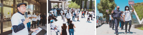 LEFT: Salazar states categorically that Black lives matter. CENTER: The group gathered at the California African American museum for a rally and statements from various leaders. RIGHT: Billy Brockway, captain III, LAPD Southwest Division (left) and Barnes (right) lead the march side by side.