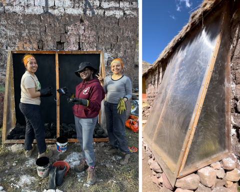 Three SCC young adults build a Trombe wall for one of the houses. A Trombe wall collects and stores heat from the sun, then slowly releases it to keep the home warm.